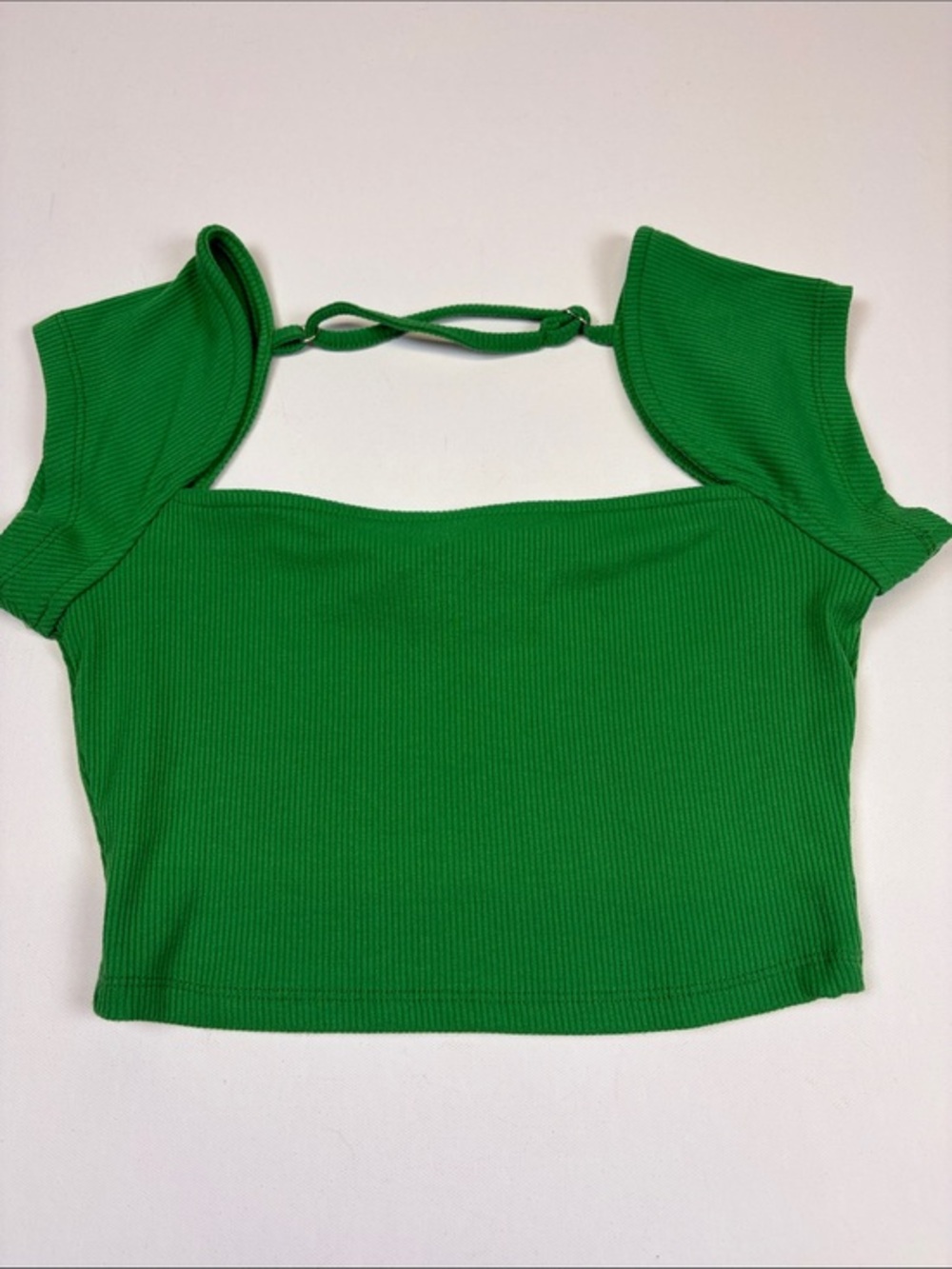 RUSTTYDUSTTY GREEN RIBBED TIE BACK CROP TOP FLUTTER SLEEVE DIZE XS